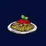 Pasta Skinny Tie featuring an embroidered patch of spaghetti with red sauce and a green basil leaf garnish on a dark blue ribbed background.