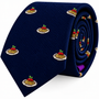 Pasta Skinny Tie in navy blue featuring a print of pasta plates topped with tomato sauce and basil leaves.