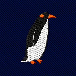 Penguin Skinny Tie in navy blue with a diagonal-ribbed fabric and an embroidered penguin motif.