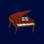 Embroidered red grand piano with music sheets on a dark blue diagonal-striped Piano Skinny Tie.