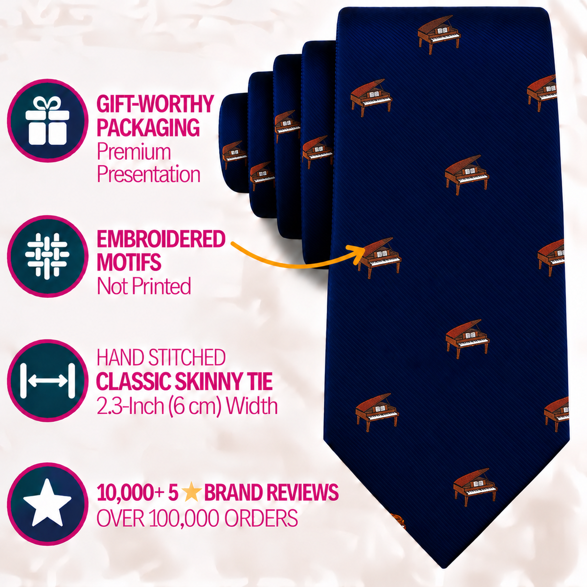 Dark blue Piano Skinny Tie with a repeating grand piano pattern, showing packaging, embroidered motifs, dimensions, and customer reviews.