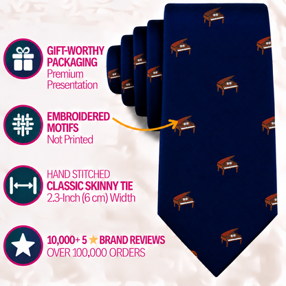 Dark blue Piano Skinny Tie with a repeating grand piano pattern, showing packaging, embroidered motifs, dimensions, and customer reviews.