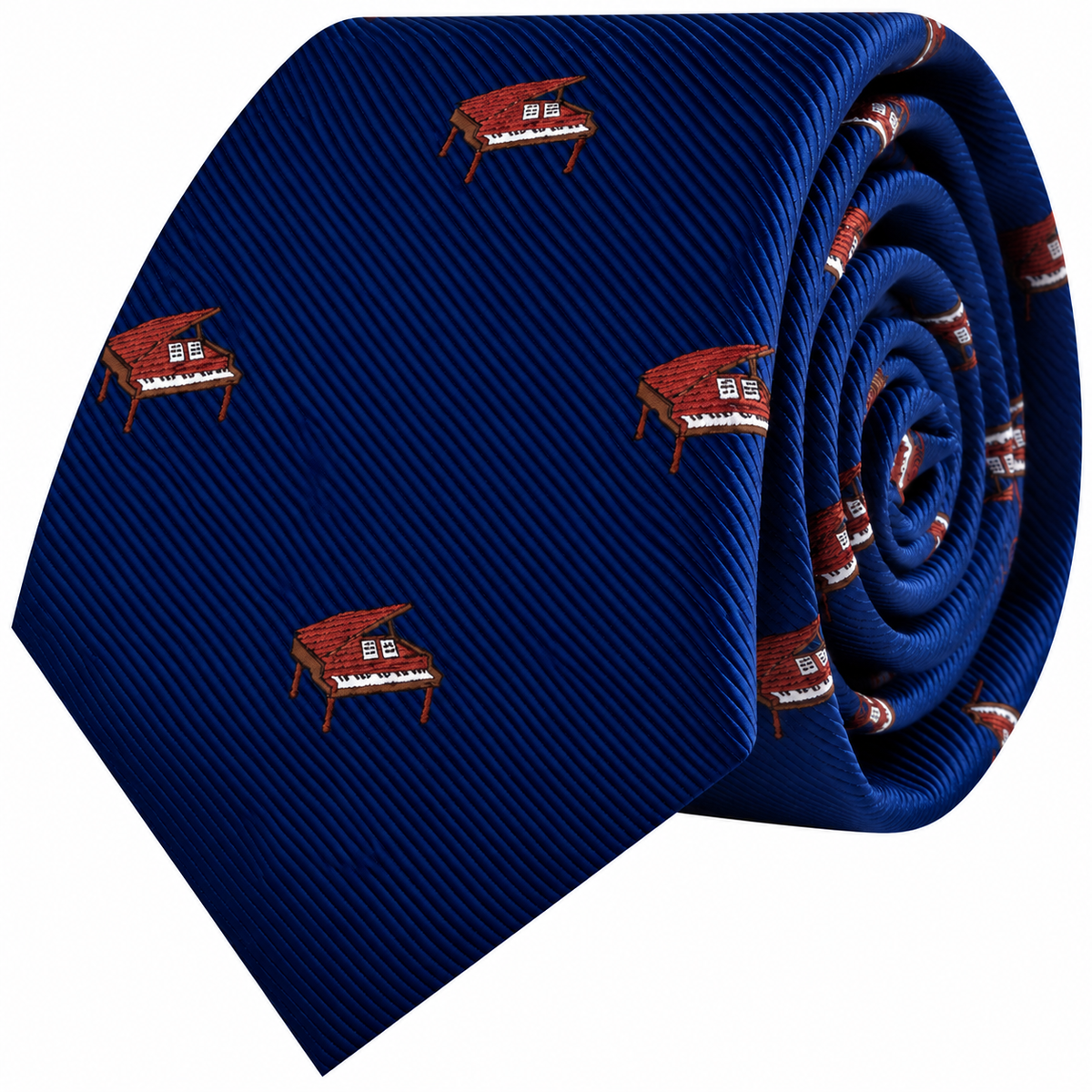 Piano Skinny Tie in blue, patterned with small red grand pianos and shown rolled.