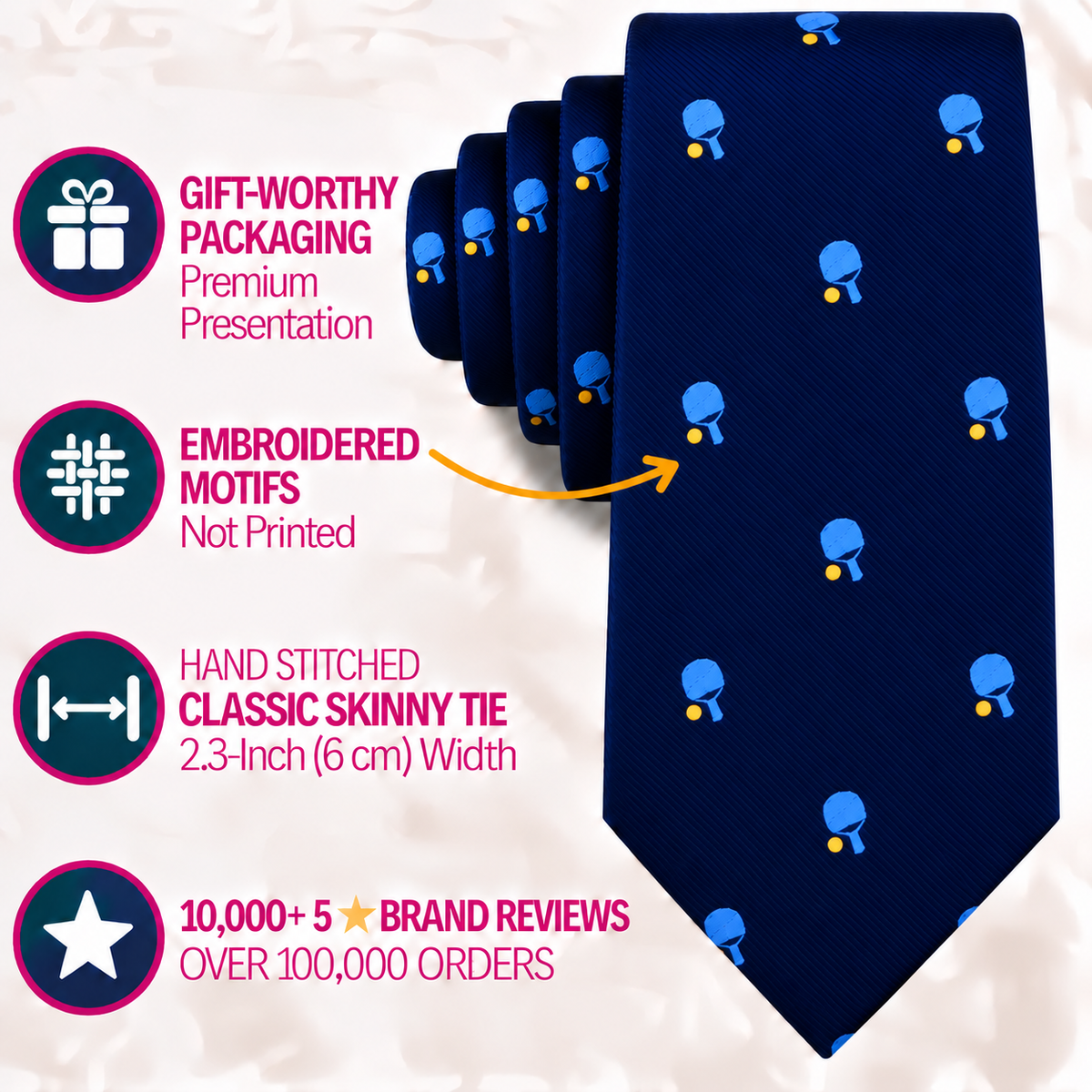 A navy blue Pickle Ball Skinny Tie featuring a repeating pattern of paddles and yellow balls, alongside icons and text detailing product features including packaging, embroidered motifs, and sizing.