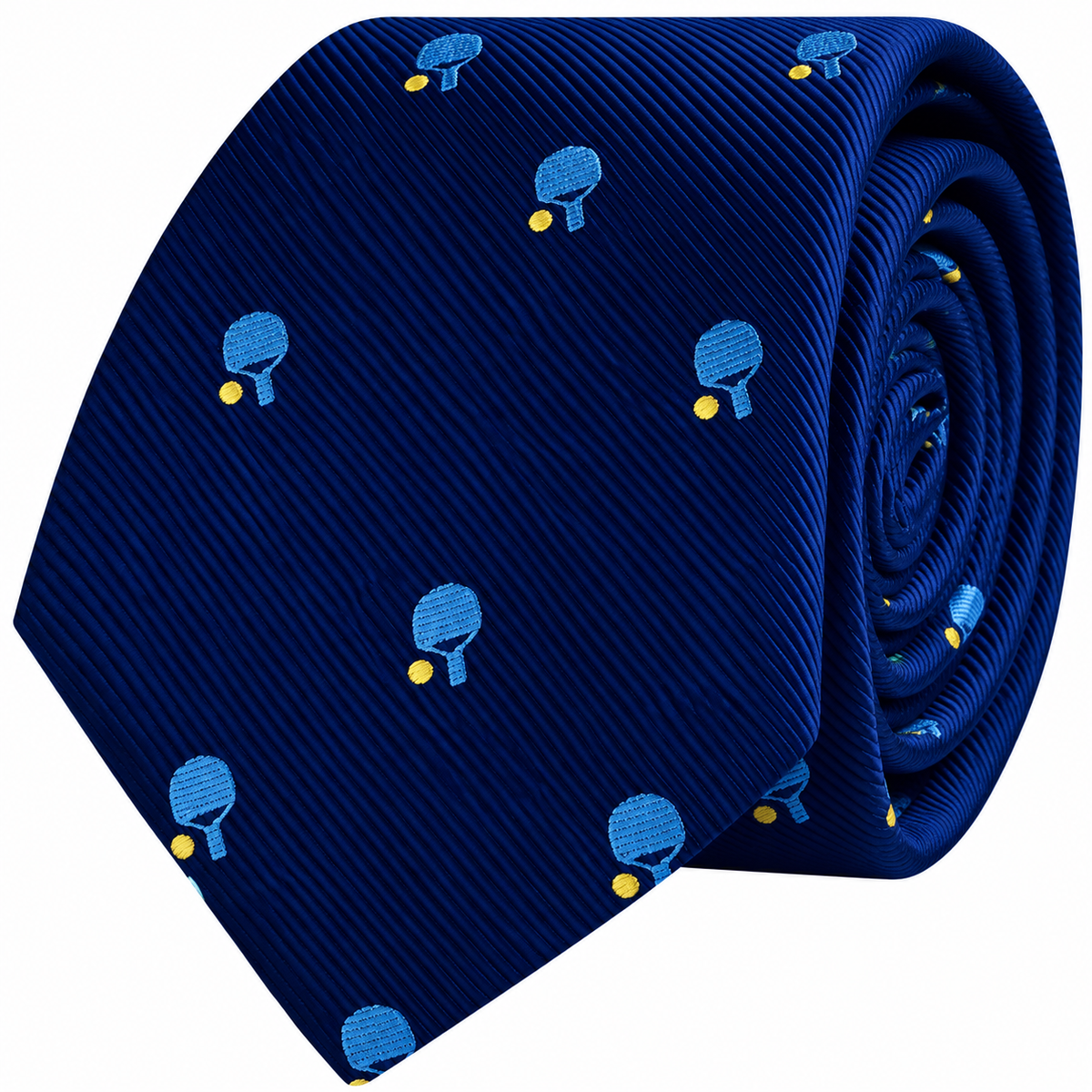 Pickle Ball Skinny Tie in dark blue with a repeating pattern of light blue pickleball paddles and small yellow balls.