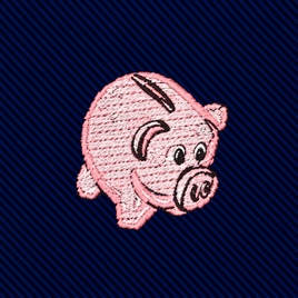 A Piggy Bank Skinny Tie featuring pink piggy bank embroidery on a dark blue ribbed background.