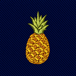Pineapple Skinny Tie featuring an embroidered pineapple patch on a dark blue diagonal-striped fabric.