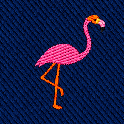 Pink Flamingo Skinny Tie in navy blue with an embroidered pink flamingo.