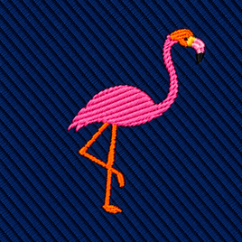 An embroidered pink flamingo on a dark blue Flamingo Skinny Tie.