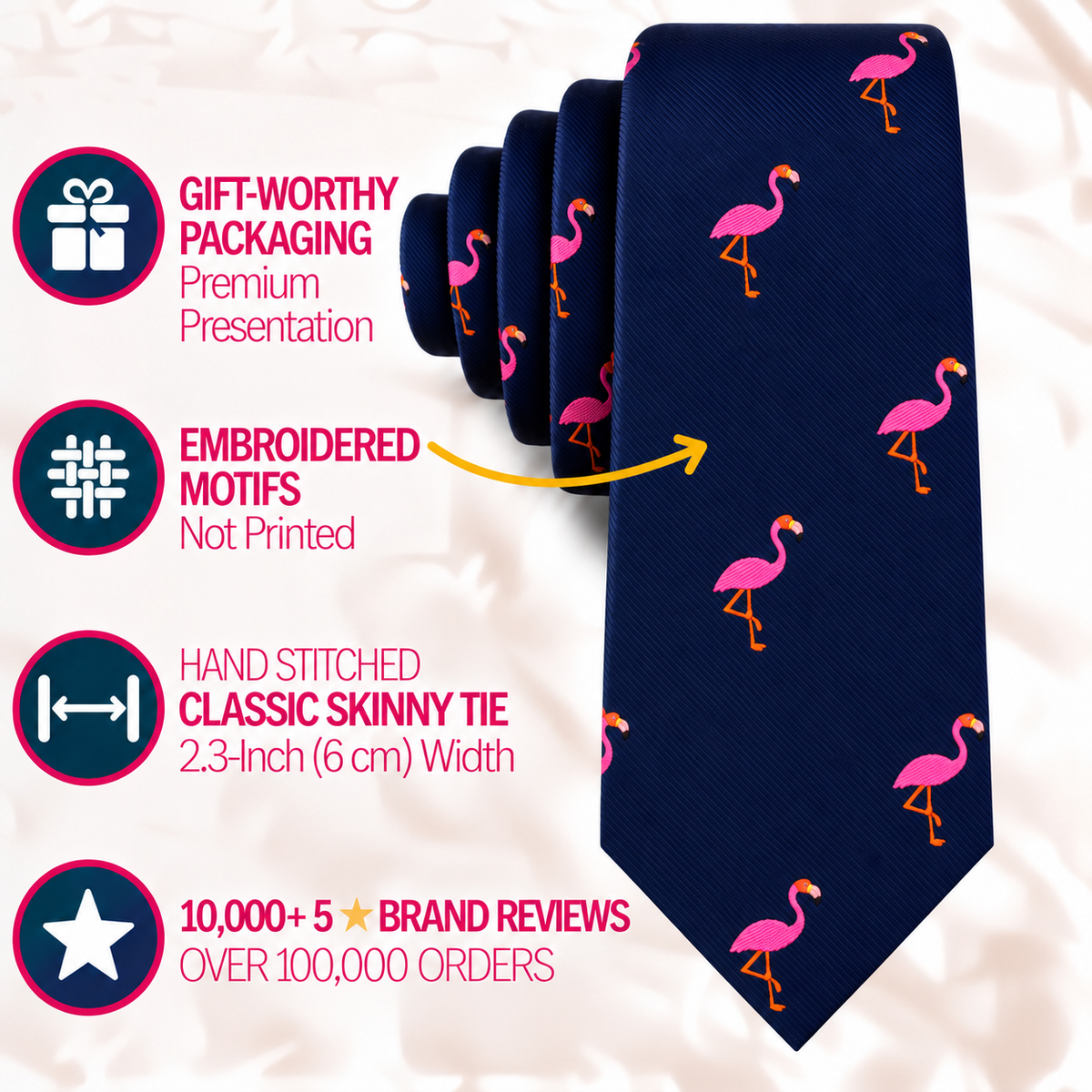 Pink Flamingo Skinny Tie featuring gift packaging, hand-stitched construction, and positive brand reviews.