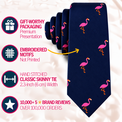 Pink Flamingo Skinny Tie featuring gift packaging, hand-stitched construction, and positive brand reviews.