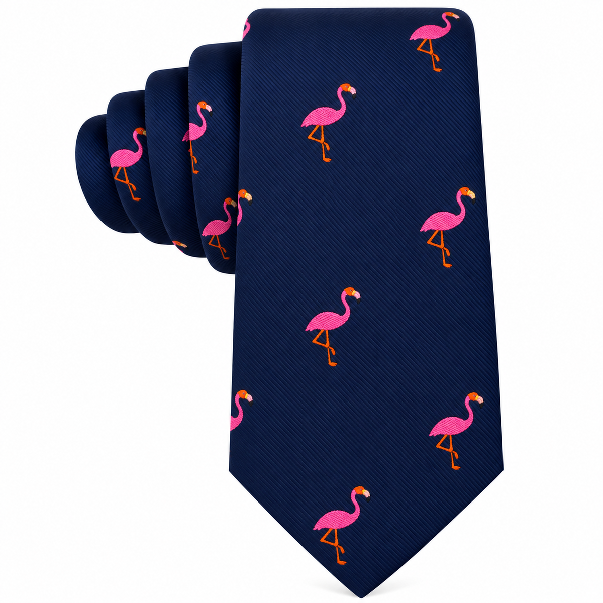 A navy blue Pink Flamingo Skinny Tie featuring an embroidered pink flamingo pattern.