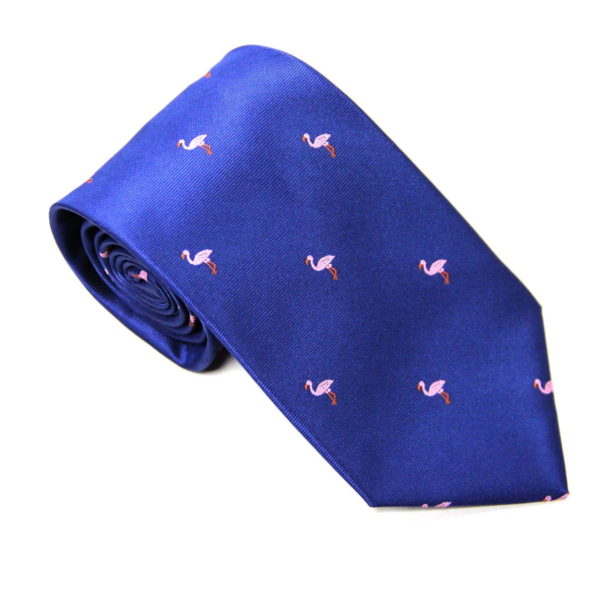 A stylish Pink Flamingo Navy Skinny Tie & Pocket Square Set, featuring a navy blue necktie adorned with a pattern of small pink flamingos, perfect for those elegant Navy evenings.