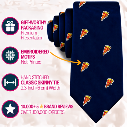 Navy blue Pizza Skinny Tie featuring a pizza slice pattern, surrounded by four circular icons highlighting gift packaging, embroidery, stitch width, and brand reviews.