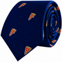 A dark blue Pizza Skinny Tie rolled into a coil, featuring a repeating pattern of pizza slice icons.