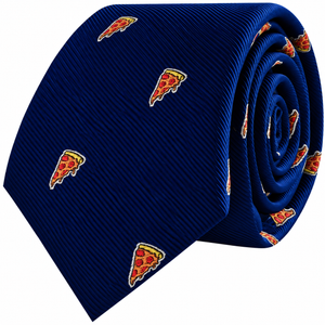 A dark blue Pizza Skinny Tie rolled into a coil, featuring a repeating pattern of pizza slice icons.