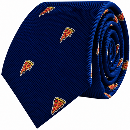 A dark blue Pizza Skinny Tie rolled into a coil, featuring a repeating pattern of pizza slice icons.