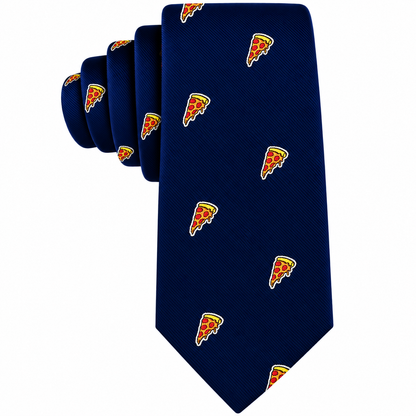 A navy blue Pizza Skinny Tie patterned with small pizza slices.