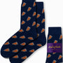 Introducing our Pizza Socks: a cozy and fashionable pair of navy blue socks adorned with a small pizza slice pattern. They come elegantly packaged in matching packaging labeled "AusCufflinks Australia.