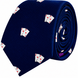 Poker Cards Skinny Tie in dark blue with a repeating print of pairs of aces.