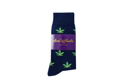 Weed Socks: Navy blue socks with green cannabis leaves, ideal for motorsport fans, wrapped in a purple "AustCufflinks Australia" label.