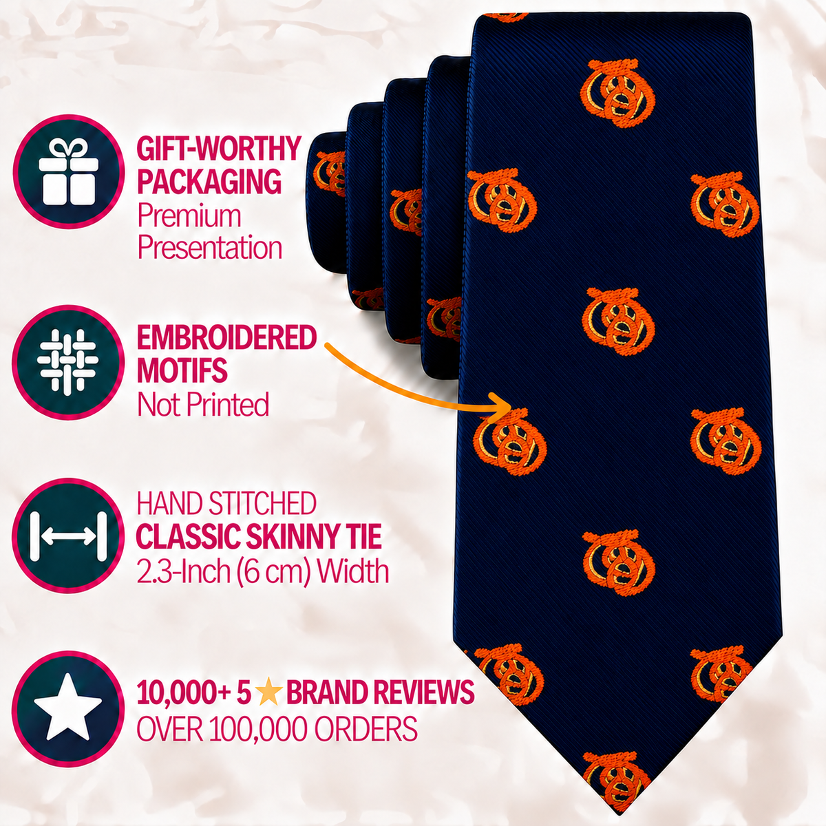 Navy blue Pretzel Skinny Tie with an embroidered orange pattern, accompanied by text highlighting packaging, stitching, and brand reviews.