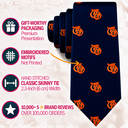 Navy blue Pretzel Skinny Tie with an embroidered orange pattern, accompanied by text highlighting packaging, stitching, and brand reviews.