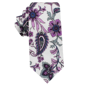 The Purple Floral White Paisley Skinny Tie showcases purple, blue, and gray patterns—an ideal choice for men's formalwear or as a stylish wedding tie.