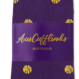 Yellow Basketball Socks: A breathable pair of purple socks featuring yellow dot patterns inspired by NBA colors, packaged with a purple AusCuffLinks Australia label.