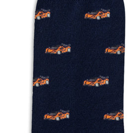 Orange Race Car Socks in navy blue feature a repeating pattern of small orange sports cars—ideal for any motorsport enthusiast.