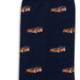 Orange Race Car Socks in navy blue feature a repeating pattern of small orange sports cars—ideal for any motorsport enthusiast.