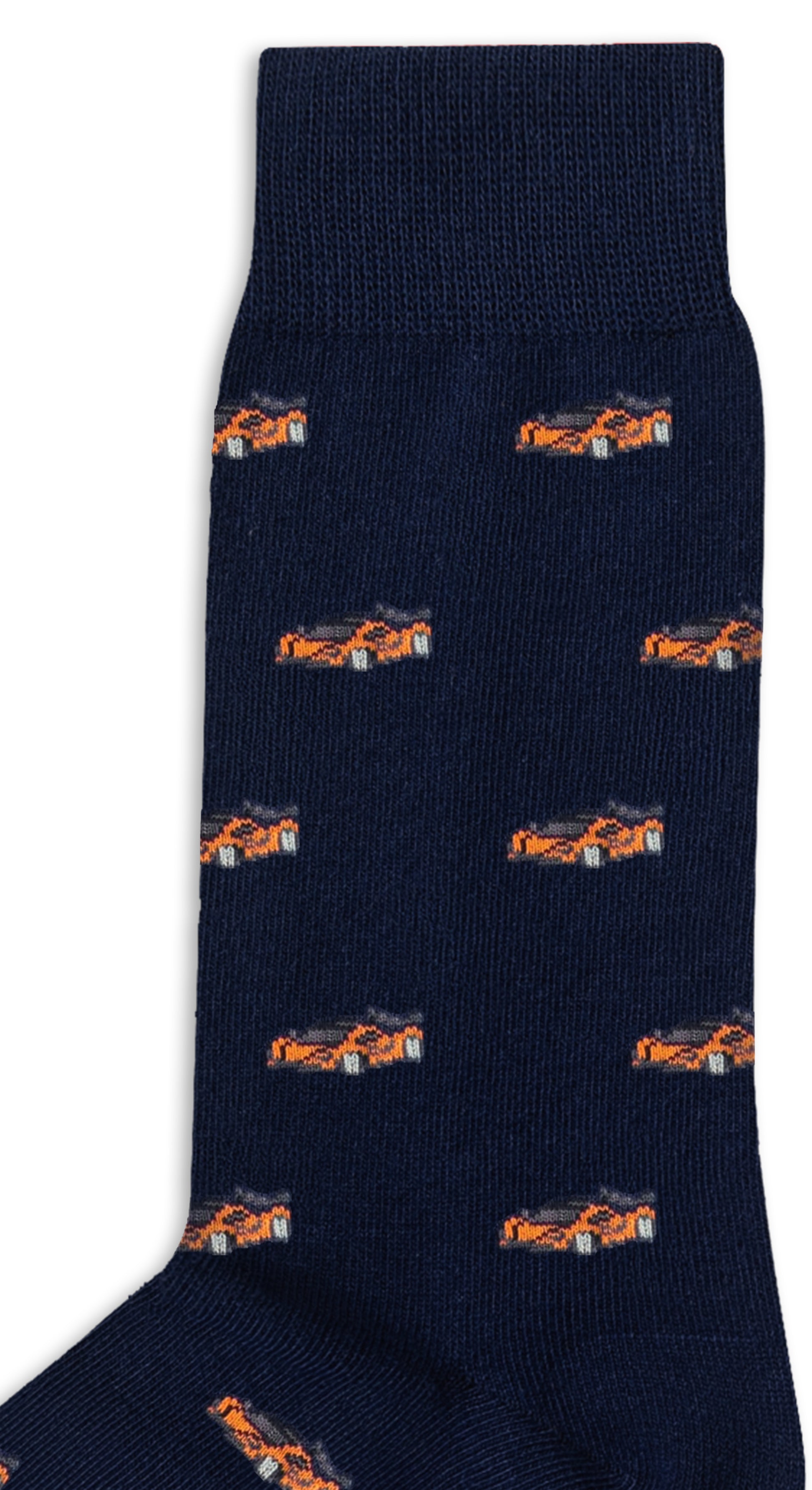 Orange Race Car Socks in navy blue feature a repeating pattern of small orange sports cars—ideal for any motorsport enthusiast.