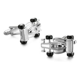 Displayed against a white background, the Racing Car Cufflinks feature silver race car shapes with black wheels—perfect for true racing enthusiasts.