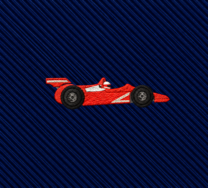 Featuring a red race car embroidery on dark blue, diagonally striped fabric, the Racing Car Skinny Tie is the perfect motorsports accessory.