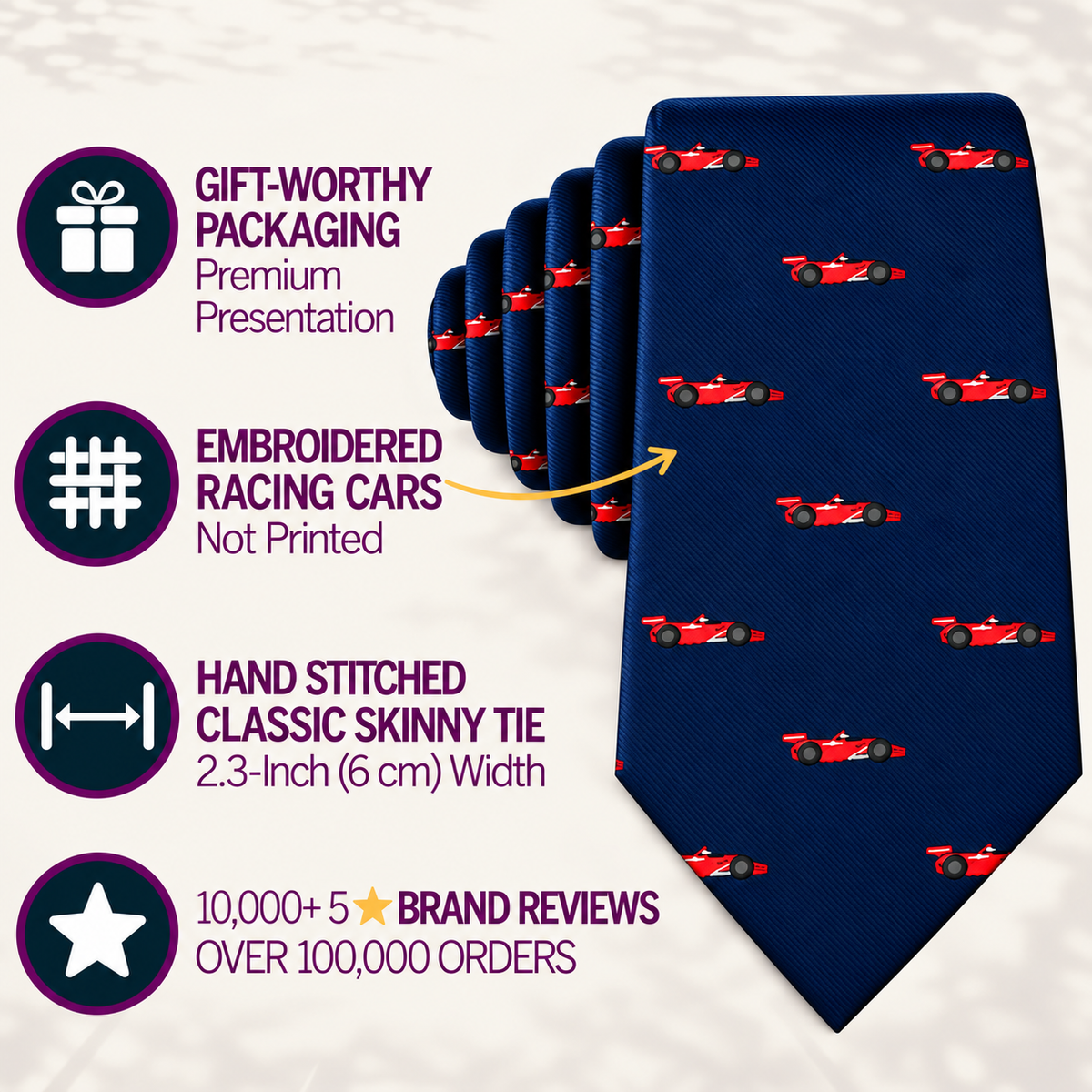 The Racing Car Skinny Tie in navy blue features small red racing car embroidery and comes with packaging, with key product features displayed on the left—an ideal motorsports accessory and stylish tie for any racing enthusiast.