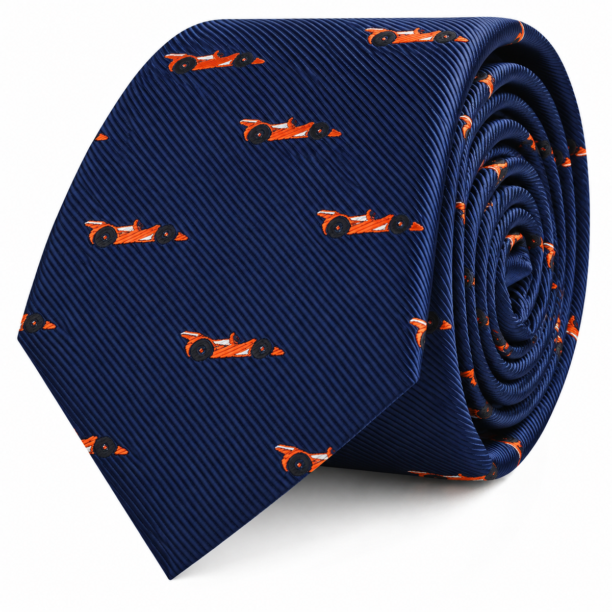 The Racing Car Skinny Tie is a navy blue accessory adorned with a repeating pattern of small orange racecars—perfect for any car enthusiast.