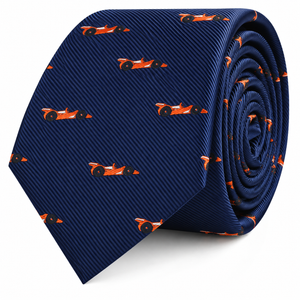 The Racing Car Skinny Tie is a navy blue accessory adorned with a repeating pattern of small orange racecars—perfect for any car enthusiast.