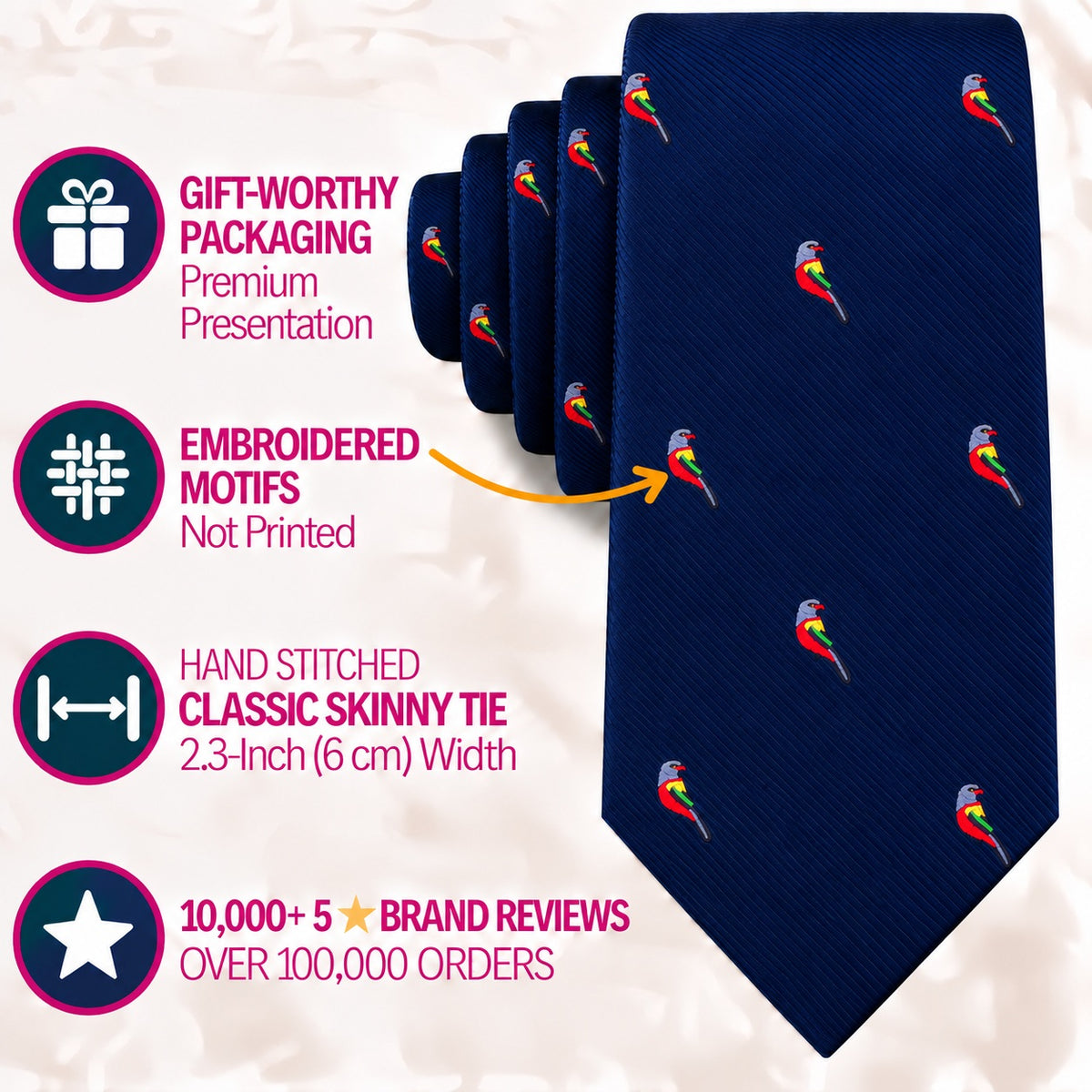 A navy blue Red Parrot Skinny Tie with a 2.3-inch width, featuring repeated embroidered motifs, premium packaging, and a design trusted by over 100,000 customers.