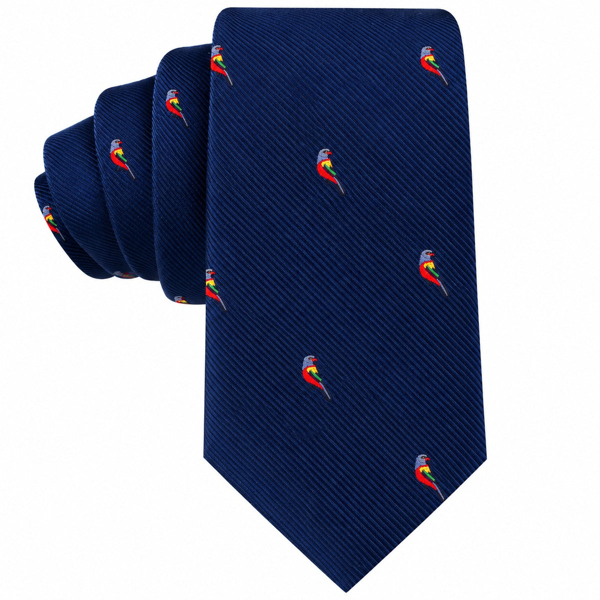 Red Parrot Skinny Tie in navy blue with a repeating pattern of small, colorful parrots.