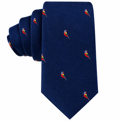 Red Parrot Skinny Tie in navy blue with a repeating pattern of small, colorful parrots.