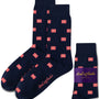 Ice Hockey Shot Socks (Copy) in navy blue with a red and white Swiss flag pattern, shown flat and packaged with an AusCufflinks Australia label—perfect for serious goal-getters.