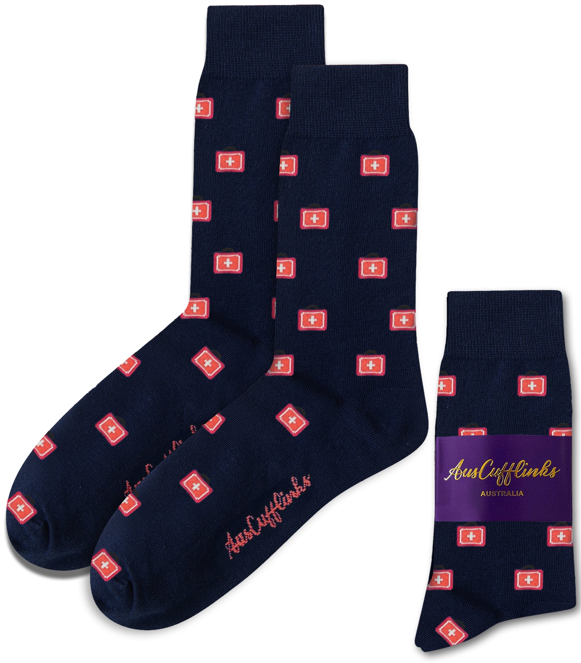Medical Cross Socks: Navy blue, comfy socks with a bold red cross pattern inspired by Swiss design—ideal for healthcare professionals. Displayed both outside and inside "AusCufflinks Australia" branded packaging.