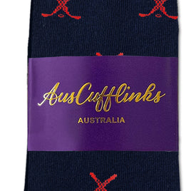 The Red and Navy Ice Hockey Cross Socks feature a red crossed pattern on navy, are moisture-wicking, and come with a purple AusCufflinks Australia label—making them the perfect gift for hockey fans.