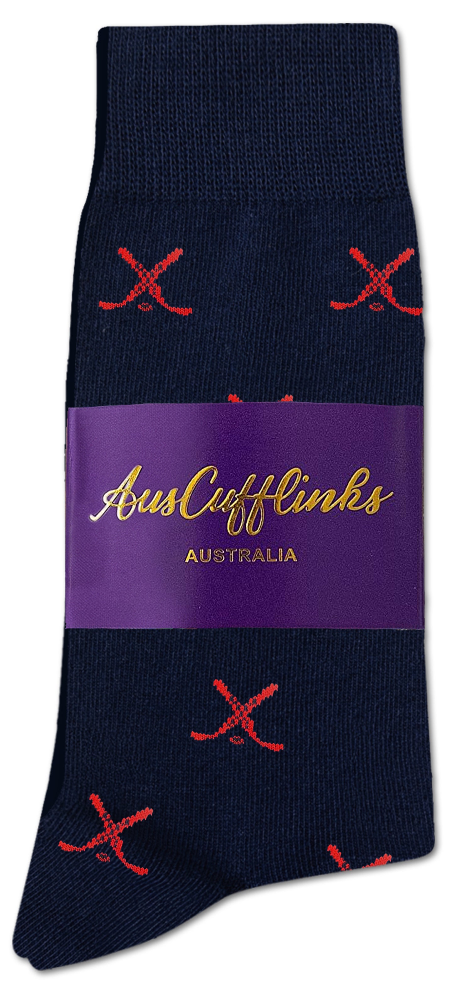 The Red and Navy Ice Hockey Cross Socks feature a red crossed pattern on navy, are moisture-wicking, and come with a purple AusCufflinks Australia label—making them the perfect gift for hockey fans.