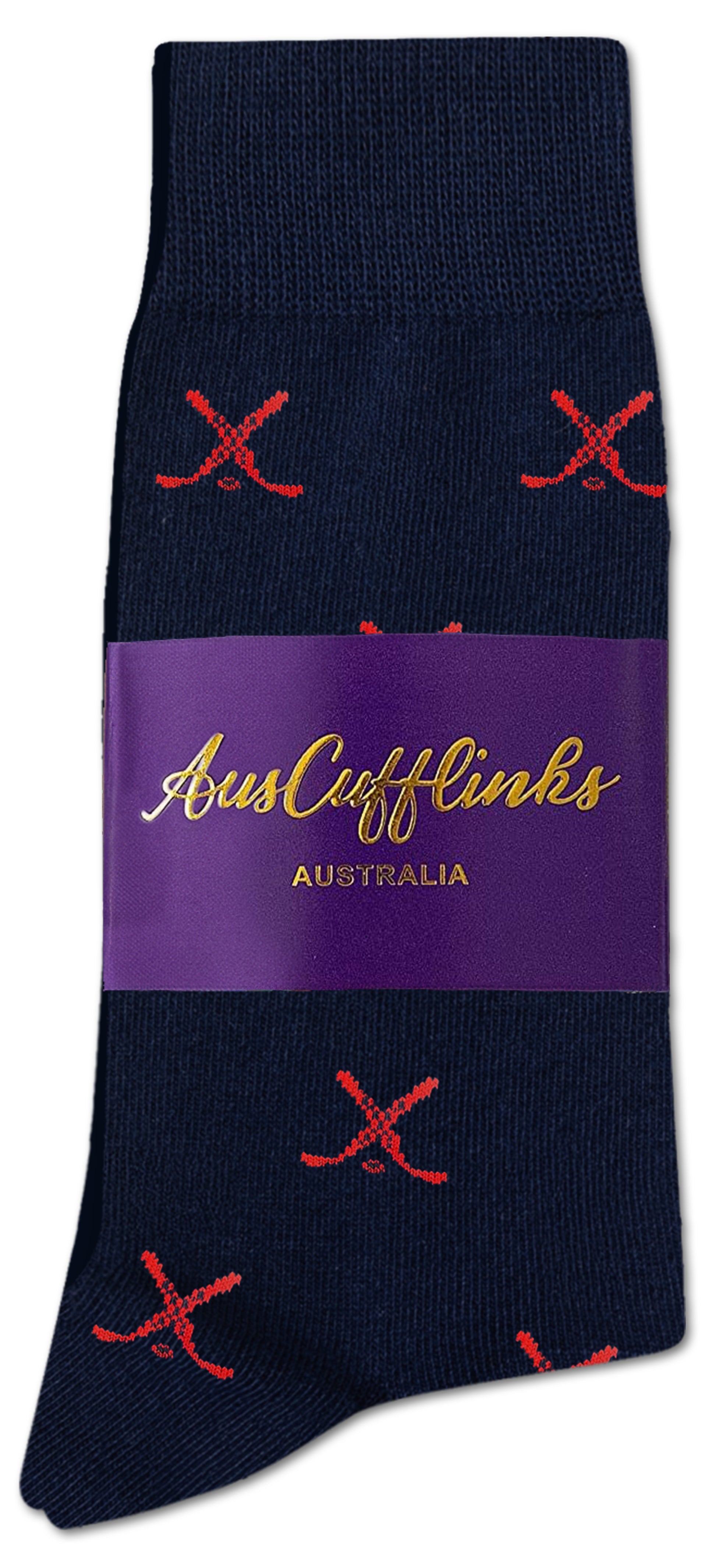 The Red and Navy Ice Hockey Cross Socks feature a red crossed pattern on navy, are moisture-wicking, and come with a purple AusCufflinks Australia label—making them the perfect gift for hockey fans.