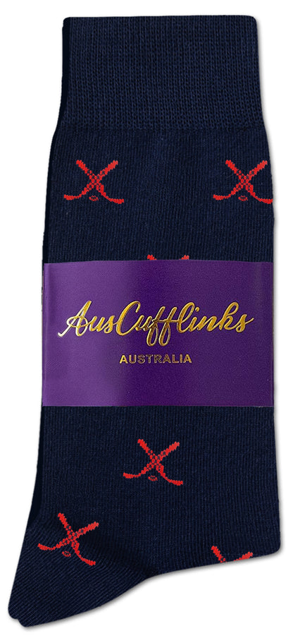 The Red and Navy Ice Hockey Cross Socks feature a red crossed pattern on navy, are moisture-wicking, and come with a purple AusCufflinks Australia label—making them the perfect gift for hockey fans.