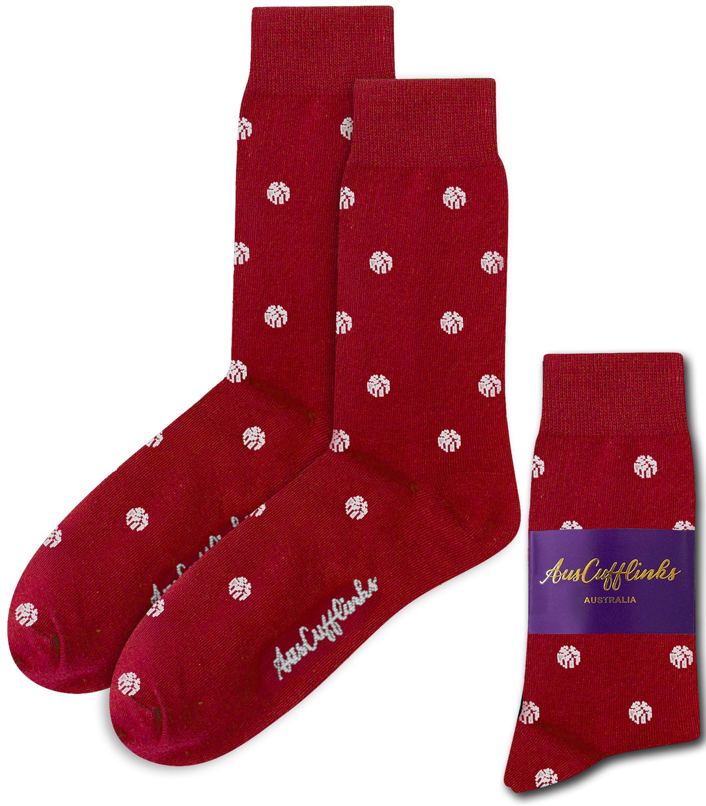 A pair of White Basketball Socks, displayed both flat and in "AusCufflinks Australia" packaging—an ideal basketball-inspired gift for NBA fans.
