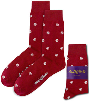 A pair of White Basketball Socks, displayed both flat and in "AusCufflinks Australia" packaging—an ideal basketball-inspired gift for NBA fans.