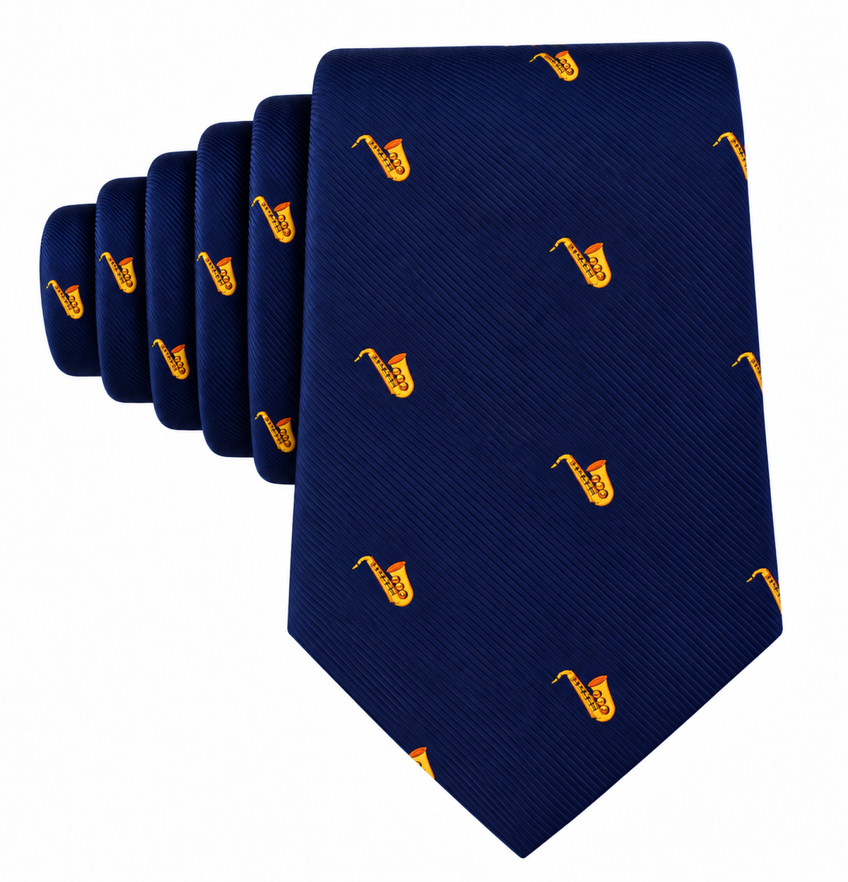 The Saxophone Skinny Tie is a navy blue jazz tie adorned with a repeating pattern of small yellow saxophones arranged diagonally across the fabric, making it an ideal gift for musicians.