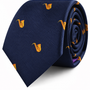 A Saxophone Skinny Tie in navy blue, featuring a pattern of small, embroidered yellow saxophones and rolled up on a white background—an ideal gift for any saxophone enthusiast.